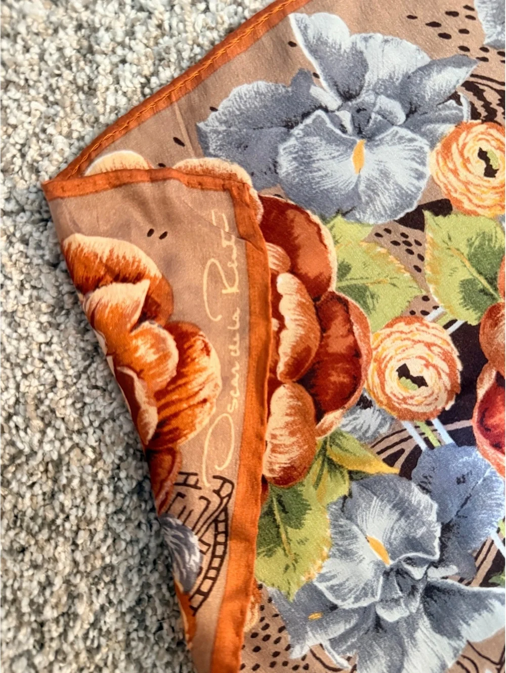 Oscar de la Renta Floral Silk Scarf with Orange and Gray Flowers